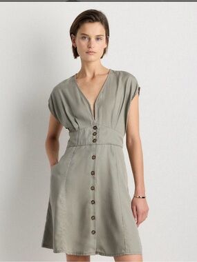 Quince Vintage Wash Tencel Button Front Dress Olive Sz M